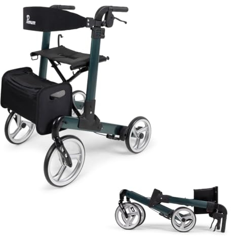 Parvum Luxo Rollator - Leicht & 2-fach faltbar – Mit integriertem Bremssystem, gepolsterter Sitz- und Rückenlehne, Tasche, Stockhalter – 6,9 kg – Gehhilfe für Senioren 160-182 cm - Petrolgrün, Medium