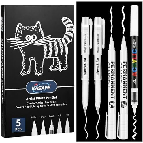 White Pen Set - 2 Gel, 1 Liquid Highlighter, 2 Fine/Brush Acrylic Markers | Opaque Quick Dry, Smudge Proof, Multi-Surface for Black Paper, Art, Sketching, Illustration & Card Making