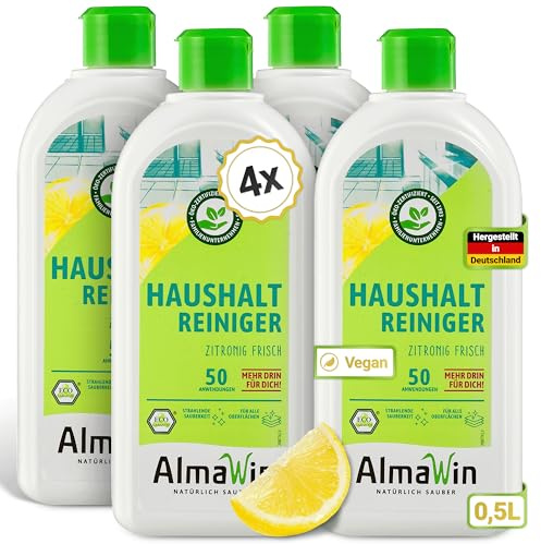 AlmaWin® Haushalt Reiniger [4x 500ml] zur Reinigung & Pflege wasserfester Oberflächen - Allzweckreiniger mit Zitronenduft - Universal Reiniger Konzentrat - Entfernt Schmutz, Fett & Staub - Bio & VEGAN