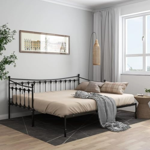 Hoopleep Ausziehsofa Bettgestell, Schwarz Metall Twin Size, 90x200 cm Schlafsofa mit Ausziehfunktion, Robustes Plattform Bett für Gästezimmer, Platzsparendes Design, Langlebiger Metallrahmen