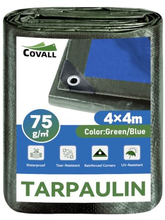 COVALL Lona Impermeable Reversible 4mx4m,75g/㎡ Doble Color Resistente UV | Resistente a rayos UV y roturas,ojales metálicos antioxidantes,multiuso para coche,camping,madera y protección de tejados