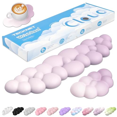 TECKNET Wolke Tastatur-Handballenauflage, ergonomisch & handgelenkschonend, rutschfeste Unterseite, Memory-Schaum mit PU-Leder gegen Ermüdung, 3-in-1 Handauflage Set Büro & Gaming – Farbverlauf Lila