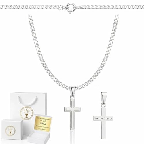 ZELYA Silber kette mit kreuz 925 Silber Panzerkette für Mädchen & Jungen – 45-60 cm Kommunionkette mit Kreuz, Kinderkette zur Kommunion & Taufe, Geschenkbox mit Gravur