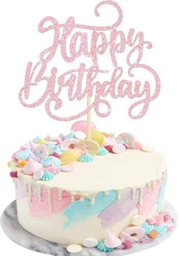 Light Pink Glitter Happy Birthday Cake Topper – Elegant Birthday Cake Decoration for Girls Women Kids & Adults – Premium Glitter Party Cake Topper for Birthday Celebrations & Party Supplies