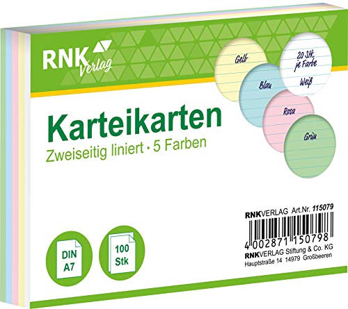 RNKVERLAG 115079 - Karteikarten liniert 7 mm, mehrere Farben, DIN A7, 1 Packung à 100 Karten