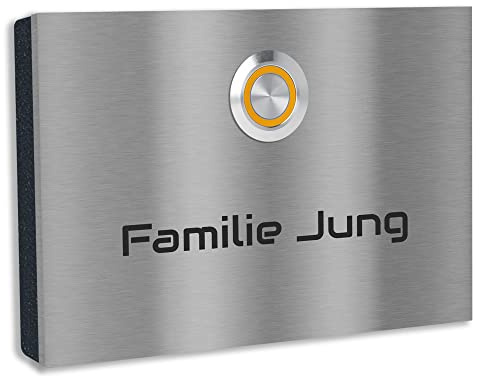 Jung Edelstahl Design Edelstahl Türklingel London 1 Klingelschild mit Gravur. Klingelplatte Aufputz oder Unterputz 12x8 cm. LED Klingeltaster in verschiedenen Farben (orange)