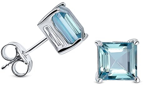 Miore Boucles d'Oreilles Carrées 4 Branches avec Topaz Bleu de Taille Princesse 6.5 x 6.5 mm pour Femme- Puces d'Oreilles en Or Blanc 9 ct 375 Avec Clous Bleu Clair et Papillon