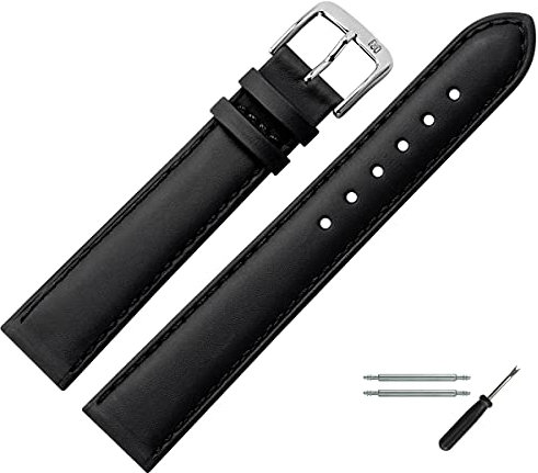 MARBURGER Uhrenarmband 12mm Leder Schwarz Silber Glatt Mit Naht - Montage Set 8071210000120
