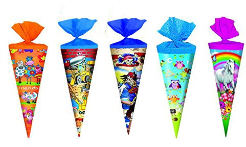 5x Schultüte / Zuckertüte / Länge: 25cm / rund / 5 verschiedene Motive
