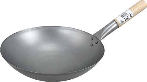 JADE TEMPLE Wok en Acero al Carbono con Base Redonda de 30 cm de diámetro y Mango de Madera, Metal, Gris