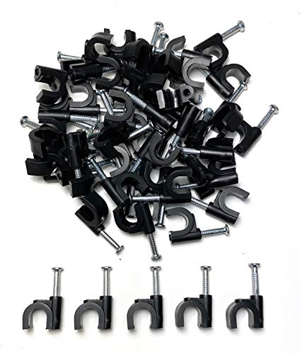 50 x 8mm Negro Clips Rondos de cable de pared, Clavos de pared de cable Maneja el cable eléctrico CAT5/CAT6,RG6,RG59,RJ45 Cable en Hogar, Oficina, Accesorios de escritorio