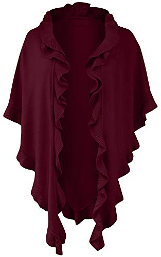 Poncho Cape Trachtentuch Umhang Stola Schultertuch Trachten-Tuch Damen Strickponcho Tracht Strick Trachtenponcho gestrickt Überwurf Volants Rüschen Schal Cashmink, Farbe:dunkelrot