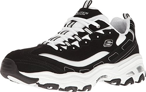 Skechers Women's D'lites Biggest Fan Sneaker, Black Trubuck White Mesh Silver Trim, 9.5 UK