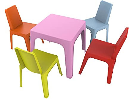 RESOL Set Julieta: Table et 4 chaises pour Enfants. Meubles pour Enfants pour extérieur ou intérieur. pour Jardin, Patio, Balcon ou terrasse - 1 Table Rose + 4 chaises Rouge/Orange/Bleu/Citron