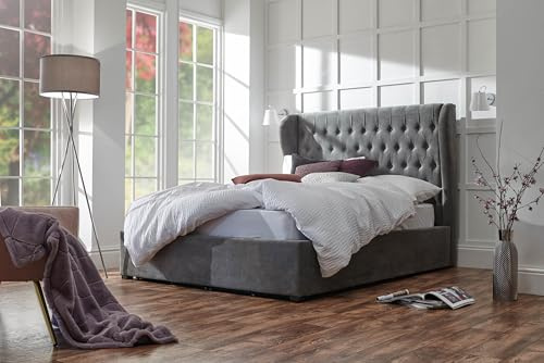 GFW Dakota 150cm Ottoman Bed with Solid Base, Buttoned Winged Headboard, Lift-Up Storage Bed Frame, Soft Chenille Upholstery, King Size, Grace Pewter Grey