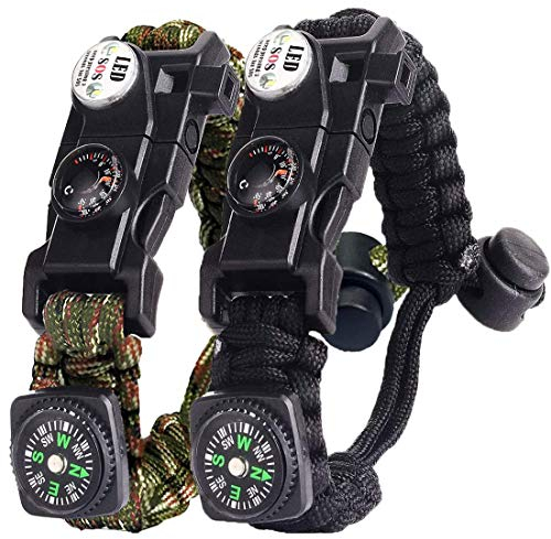 Paracord Survival Armband Kit für Herren Damen, Survival Armband mit Feuerstein + Kompass (Schwarz + Armeegrün)