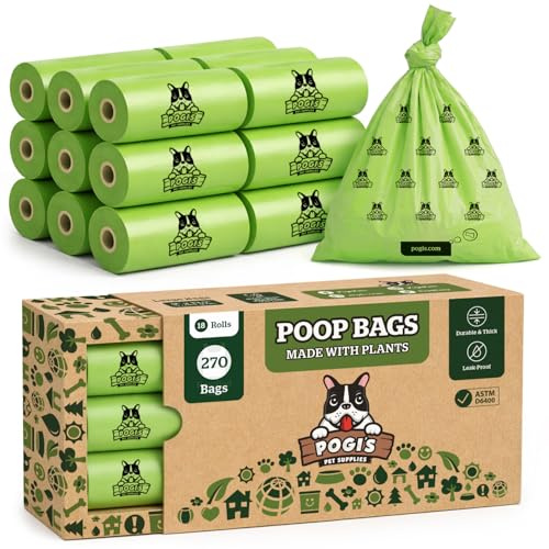 Pogi's Compostable Dog Poo Bags – Leak-Proof, Extra-Large, Made with Plants – 18 Rolls (270 Bags)