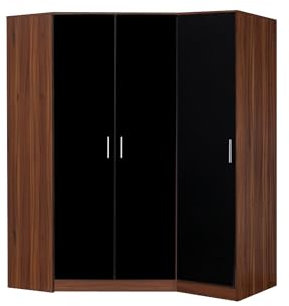 Reflect 2 Piece Bedroom Furniture Bundle - 2 Door CORNER + Single PLAIN Wardrobe (H: 180cm x W: 141cm x D: 103cm) (Black Gloss/Walnut)