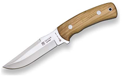 Joker Cuchillo de Monte Gamo CO50, Enterizo, con cachas de Olivo y Hoja de 13 cm, Funda de Cuero, Herramienta de Pesca, Caza, Camping y Senderismo