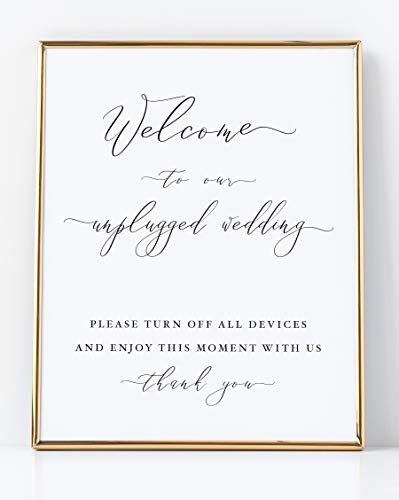 Cartel de boda sin enchufar para boda (1) 8 x 10 cm, color blanco con letras negras impresas en cartulina de papel grueso texturizado para decoración de boda, no enmarcado, elegante estilo minimalista