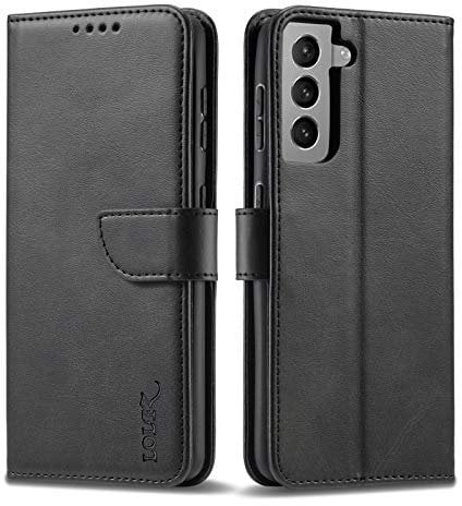 LOLFZ Wallet Case for Samsung Galaxy S21 5G, Vintage Leather Book Case with Card Holder Kickstand Magnetic Closure Flip Case Cover for Galaxy S21 5G - Black