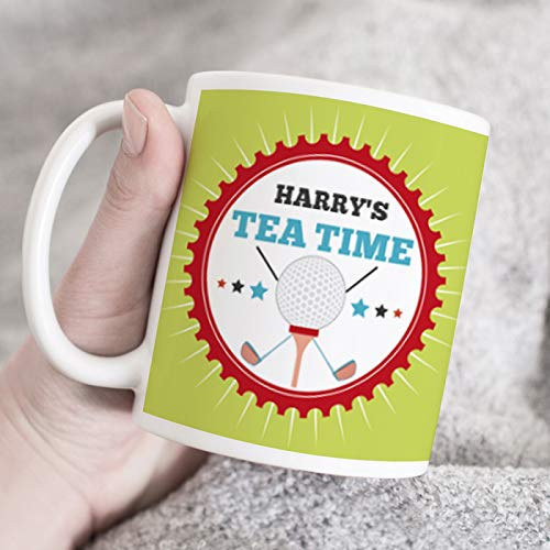 Thoughtful Gifts Personalised Golf “Tea Time” Mug – Custom Name Coffee Cup for Golfers – Funny Golf Gift for Him or Her