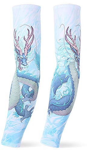 DETUCK Tattoo Ärmel Ärmlinge Arm Ärmel, Armwärmer Sleeves UV Sonnenschutz Armstulpen, Arm Sleeves Kühlung UPF 50+, Kompressions Tattoo Cover Armstulpen (ein Paar) (Blauer Wasserdrache, F)