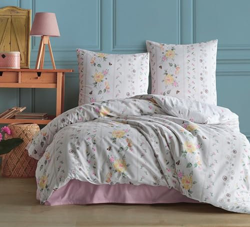 ZIRVEHOME Bettwäsche 240x220 cm. 3 teilig Set. weiß, 100% Baumwolle/Renforcé mit reißverschluss atmungsaktiver bettbezug geblümt Kissenbezug 80x80 cm. Talva