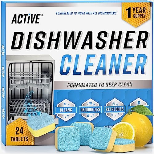 Dishwasher Cleaner and Deodorizer Tablets - 24 Pack ACTIVE Deep Cleaning Descaler for Dish Washer Machine - Heavy Duty Limescale, Grime, Calcium, Odour Remover, Natural, Septic-Safe - 12 Month Supply