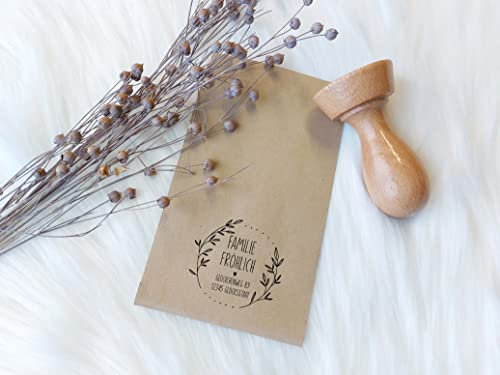 Adressstempel - Fröhlich | Floral - Zweige Motiv | personalisierter Familienstempel | Holzstempel mit Wunschadresse | Stempel Rund 43mm