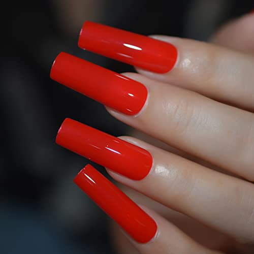 Lot de 24 faux ongles carrés extra longs en acrylique brillant pour femme Rouge vif