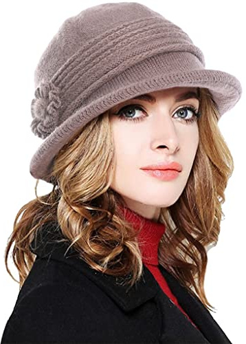Joligiao Cappello Invernale per Donna Cappello Calda Lavorato a Maglia Fiori Beret in Pile Foderato Beanie Morbido Cappello Benna Cloche Berretto con Visiera,Taglia Unica