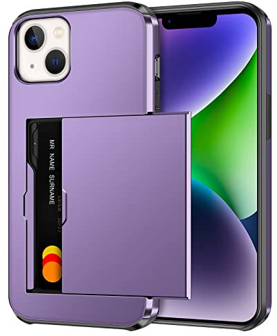 Coolden for iPhone 14 Case Wallet Case Armor Shockproof Case Heavy Duty Protective Case Hard PC Back Soft TPU Bumper Card Holder Slot Wallet Case Cover for iPhone 14 Phone Case (Grey Purple)