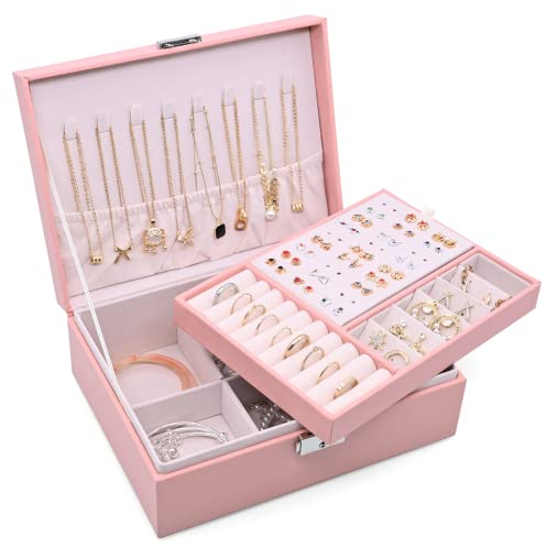 Sciphylia Schmuckkästchen 2 Schichten Pu-Leder Schmuckaufbewahrung für Mädchen Frauen Grosse Kapazität Tragbar abschließbar Reise Schmuckkästchen für Ringe Ohrringe Halskette Armbänder, Rosa