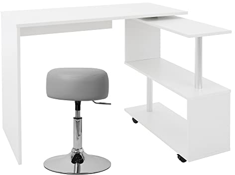 ML-Design Eckschreibtisch drehbar mit Sitzhocker, Schreibtisch Bürotisch PC Tisch L-Form 2 Regale Weiß 150x88x75cm, Polsterhocker Hocker Kunstleder Hellgrau rund Ø33cm drehbar höhenverstellbar 52–65cm