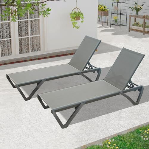 Domi Outdoor-Chaiselongue, 2er-Set, Pool-Lounge-Sessel, Aluminium-Sling-Lounge-Sessel für den Außenbereich mit 5 verstellbaren Positionen (2 graue Lounges ohne Tisch)