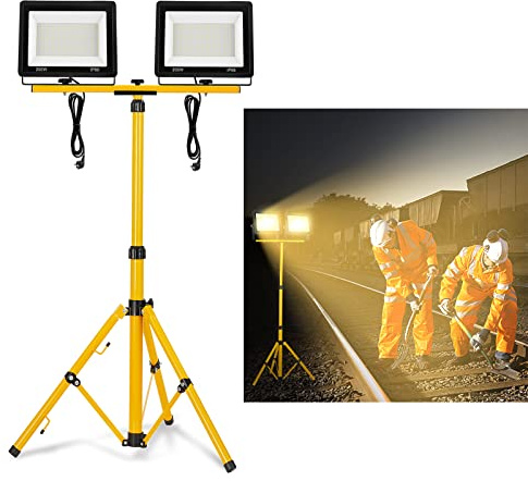 YRHome 2 * 200W LED Baustrahler Warmweiß mit Stativ Baustellen Strahler LED Fluter Floodlight Arbeitsscheinwerfer inkl. Netzkabel Wasserdicht IP66 für Baustelle Garten Garage