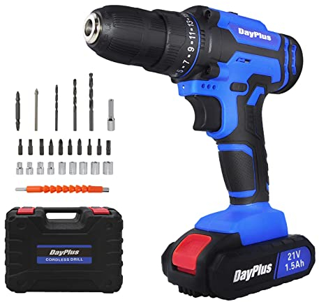 21V Akkuschrauber mit 1500mAH Li-Ion Akku 3/8 Zoll Bohrfutter, 2 Geschwindigkeiten 25+1 Drehmoment 45Nm Schraubendreher Set mit 26 Stück Zubehör und Aufbewahrungskoffer für Haus