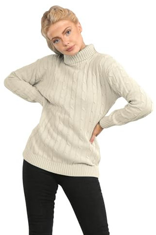 janisramone® Polo High Neck Jumpers for Women UK, Cable Knitted Long Sleeve Ladies Jumpers, Casual Pullover Winter Turtle Neck Tops for Women Size 8-138 Stone