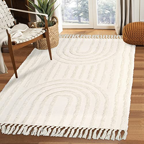 Lanffia Boho-Teppich im Regenbogenbereich, 100x180 cm, waschbarer Baumwoll-Teppich für Wohnzimmer, gewebt, getuftet, Schlafzimmerteppich mit Quasten, Bauernhaus, Innenboden, Veranda, Beige