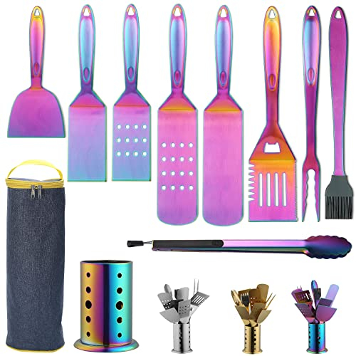 Berglander Regenbogen Grill Zubehör, Edelstahl Bunte Titanbeschichtung BBQ Grillbesteck Set 10 teiliges mit einem Utensilienhalter, Edelstahlgriff, kein Schmelzen, kein Ablösen und hitzebeständig