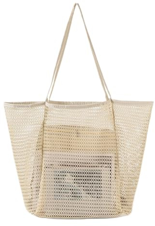 NLAND Borsa da Spiaggia Grande Donna Borsa Mare Borsa Tote in Rete Pieghevole Borse a Tracolla per Viaggio Picnic Vacanze Shopping Bag (Beige)