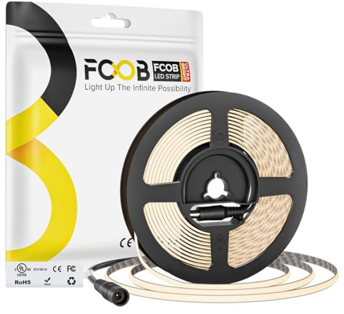 FCOB COB Tira LED Blanco Natural 4000K 480LEDs/m 5M 12V 5mm CRI90+ Flexible | Alta Densidad Regulable CE UL Tira LED Brillo Uniforme para decoración DIY(Controlador&Alimentador no incluidos)