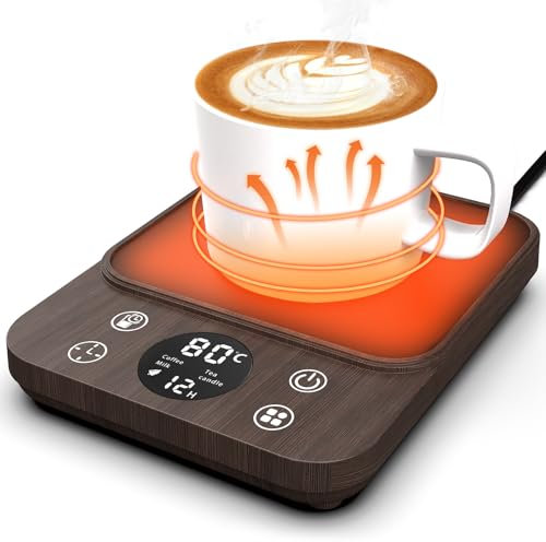 MYMULIKE Chauffe Tasse à Café, Chauffe Tasse Intelligent avec 9 Réglages de Température, Chauffe Thé avec Minuterie et Arrêt Automatique 8 H pour Le Cacao, Le Thé, l'eau, Le Lait (Grain de Bois)