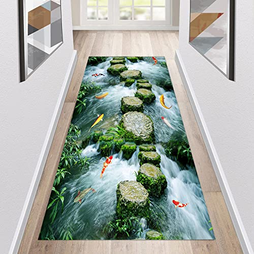 Teppich Läufer Flur rutschfest Küchenläufer Waschbar 3D Druckmuster 60X300CM Grün Korridor Teppichläufer Lang Küchenteppich Für Küche Wohnzimmer Schlafzimmer Teppichläufer Meterware Anpassbar