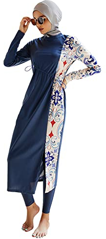 IWEMEK Burkini Damen Muslim Ganzkörper Badeanzüge Langarm Schwimmkleid + Bade Leggings Schwimmhose + Hijab 3tlg Sonnenschutz Bademode Islamische Schwimmanzug Arabisch Badebekleidung Marineblau 01 M