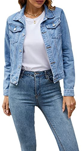 Geagodelia Giacca di Denim da Donna Casual Giacca Corta Jeans Elegante con Tasche Jacket Moda Cappotto per Primavera Autunno Regalo (Blu chiaro, Large)