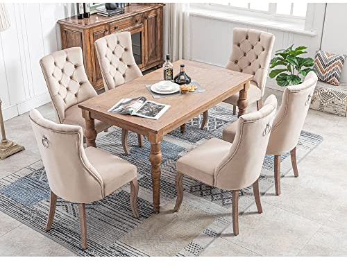4-Fußstuhl, Stuhl Beige Samt Esszimmerstuhl,hohe Rückenlehne, mit Knopfsteppung, Gestell aus Massivholz, Beige (6)