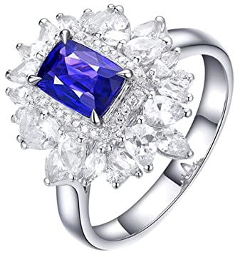 Verlobungsring Silber, Verlobungsring Frau Cluster Blume Labor Geschaffener Saphir 1.05ct Rechteckig Blau Lila Eheringe Gr.63 (20.1) 18K Weißgold