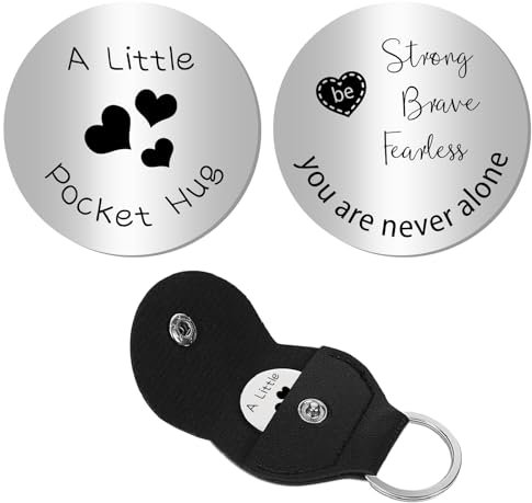 CREATCABIN Jeton Câlin Poche en Forme Petit Cœur,Jeton Souvenir Relation Longue Distance Gravé Double Face,Pièce Monnaie avec Porte-Clés en Cuir pour Cadeau D'Encouragement pour Fille et Amie,3x3cm